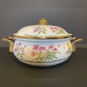 Beautiful Vintage Lincoware  Enamelware Stock Pot With Lid Floral Design